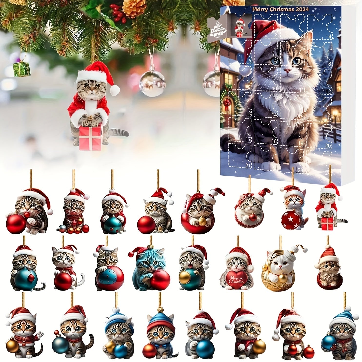 アクリル製猫ペンダント付きヴィンテージアドベントカレンダー2025、猫好きのための24日間クリスマスカウントダウン