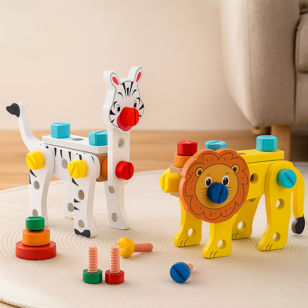 子供用木製ツールボックスセット - 創造性と細かい運動能力を養う動物組み立ておもちゃ