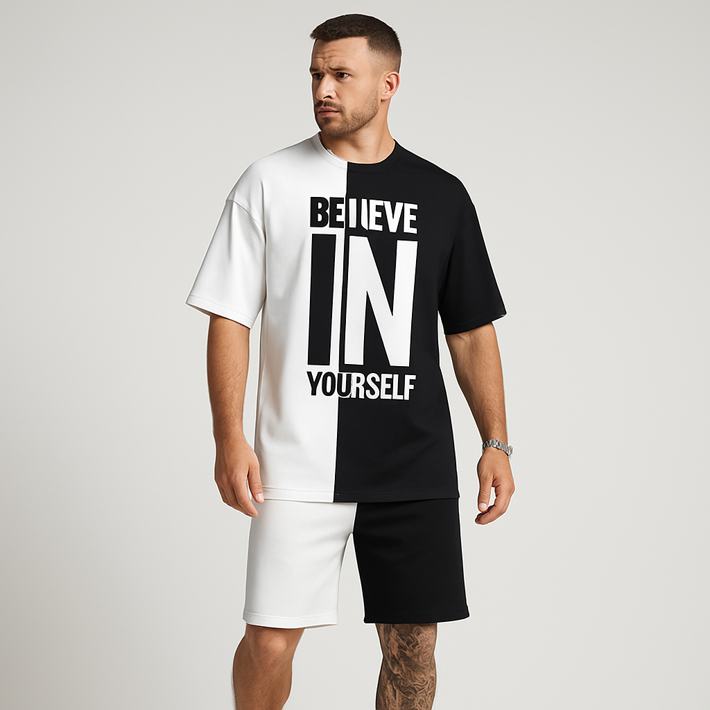 メンズのカラーブロックモチベーションセット - 「Believe in yourself」Tシャツとお揃いのショーツ