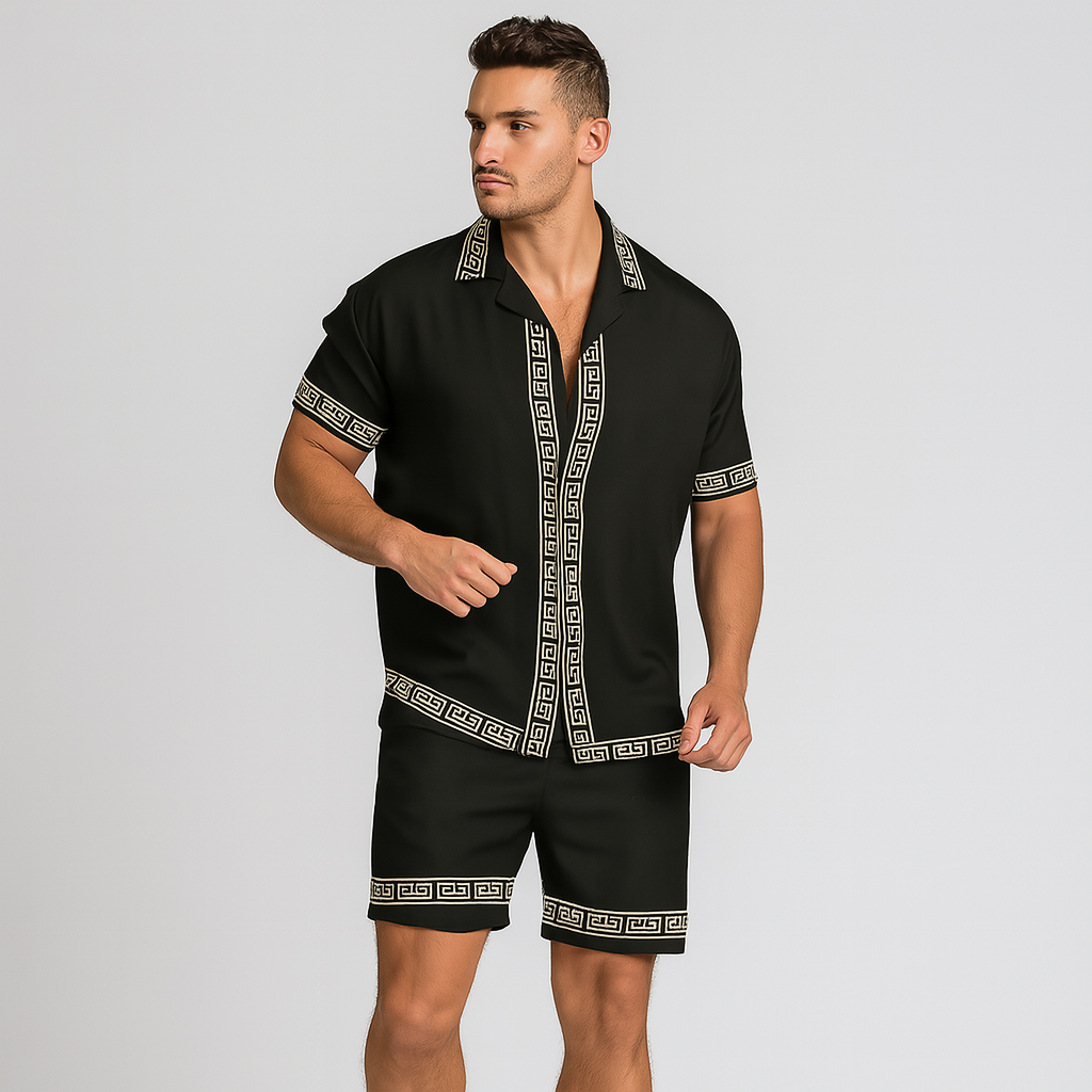 男性用のカジュアルな夏の服装 - ラペルカラーのシャツとゴムウエストのショートパンツ
