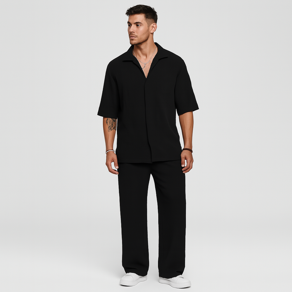 メンズツーピーススーツ - 長袖シャツとそれに合うズボンを組み合わせたスタイリッシュなカジュアルな服装