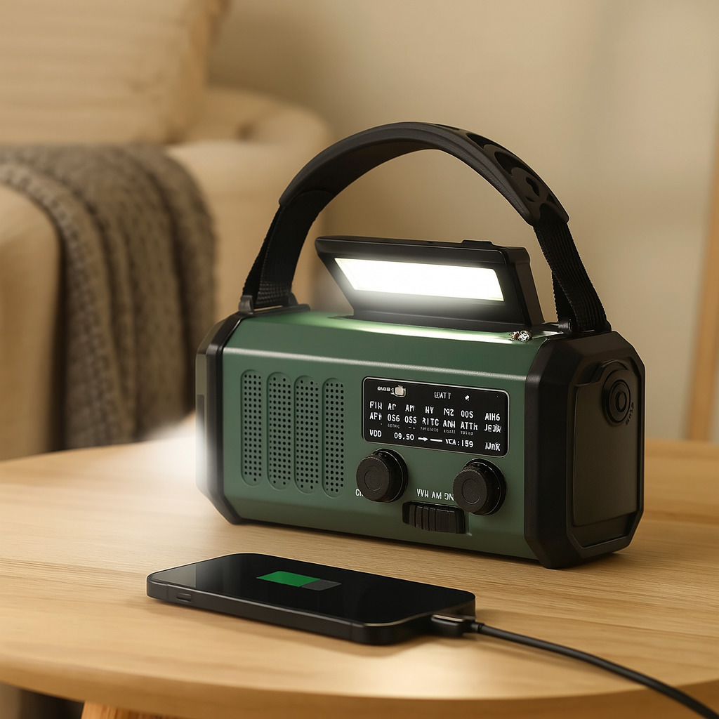 ソーラーパネルと手回し式クランク付き緊急ラジオ - 10,000 mAh パワーバンク、AM/FM 天気予報ラジオ、懐中電灯、SOS 機能、携帯電話充電器