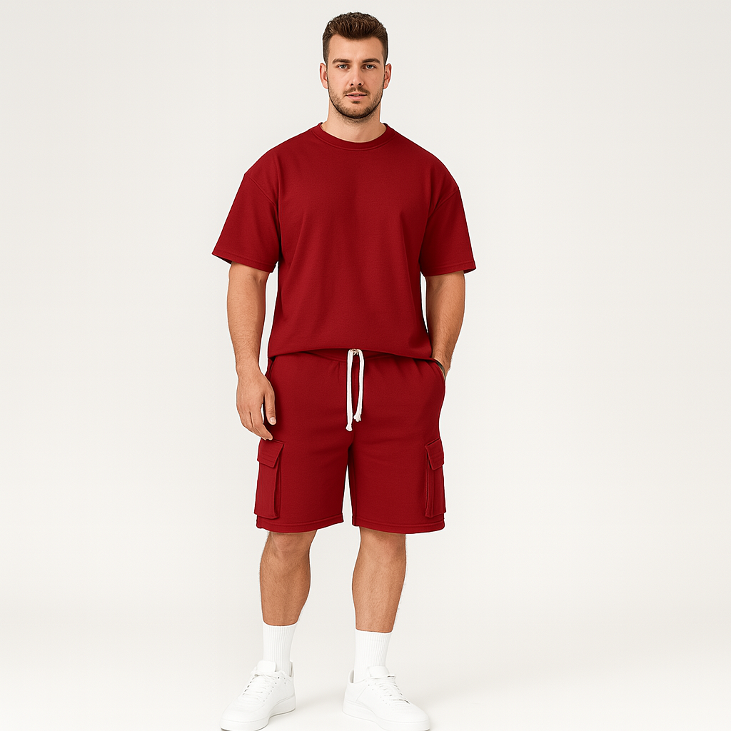 メンズスポーツウェアセット - 通気性のあるポリエステル製ラウンドネックTシャツとショーツ（ドローストリングとポケット付き）