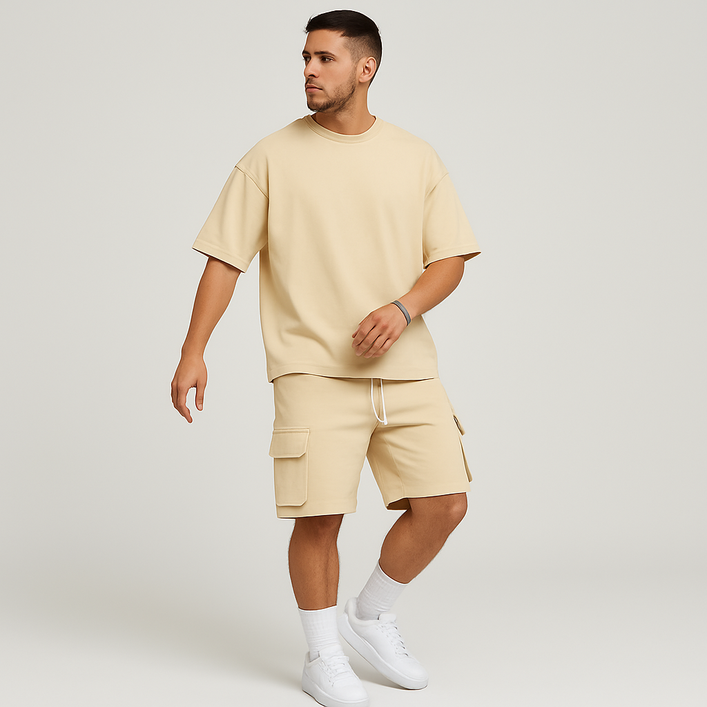 メンズスポーツウェアセット - 通気性のあるポリエステル製ラウンドネックTシャツとショーツ（ドローストリングとポケット付き）