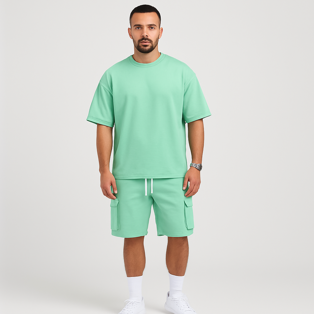 メンズスポーツウェアセット - 通気性のあるポリエステル製ラウンドネックTシャツとショーツ（ドローストリングとポケット付き）