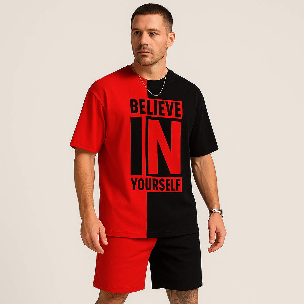 メンズのカラーブロックモチベーションセット - 「Believe in yourself」Tシャツとお揃いのショーツ