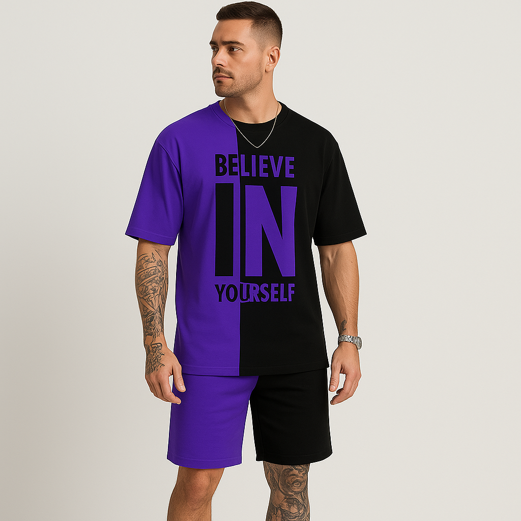 メンズのカラーブロックモチベーションセット - 「Believe in yourself」Tシャツとお揃いのショーツ
