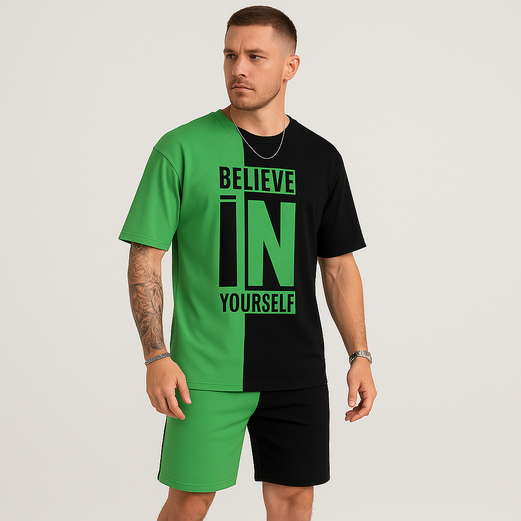 メンズのカラーブロックモチベーションセット - 「Believe in yourself」Tシャツとお揃いのショーツ