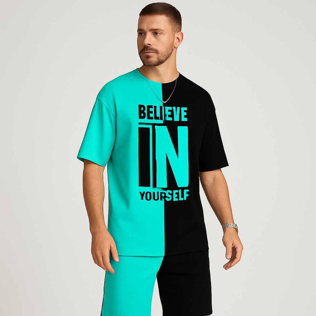 メンズのカラーブロックモチベーションセット - 「Believe in yourself」Tシャツとお揃いのショーツ