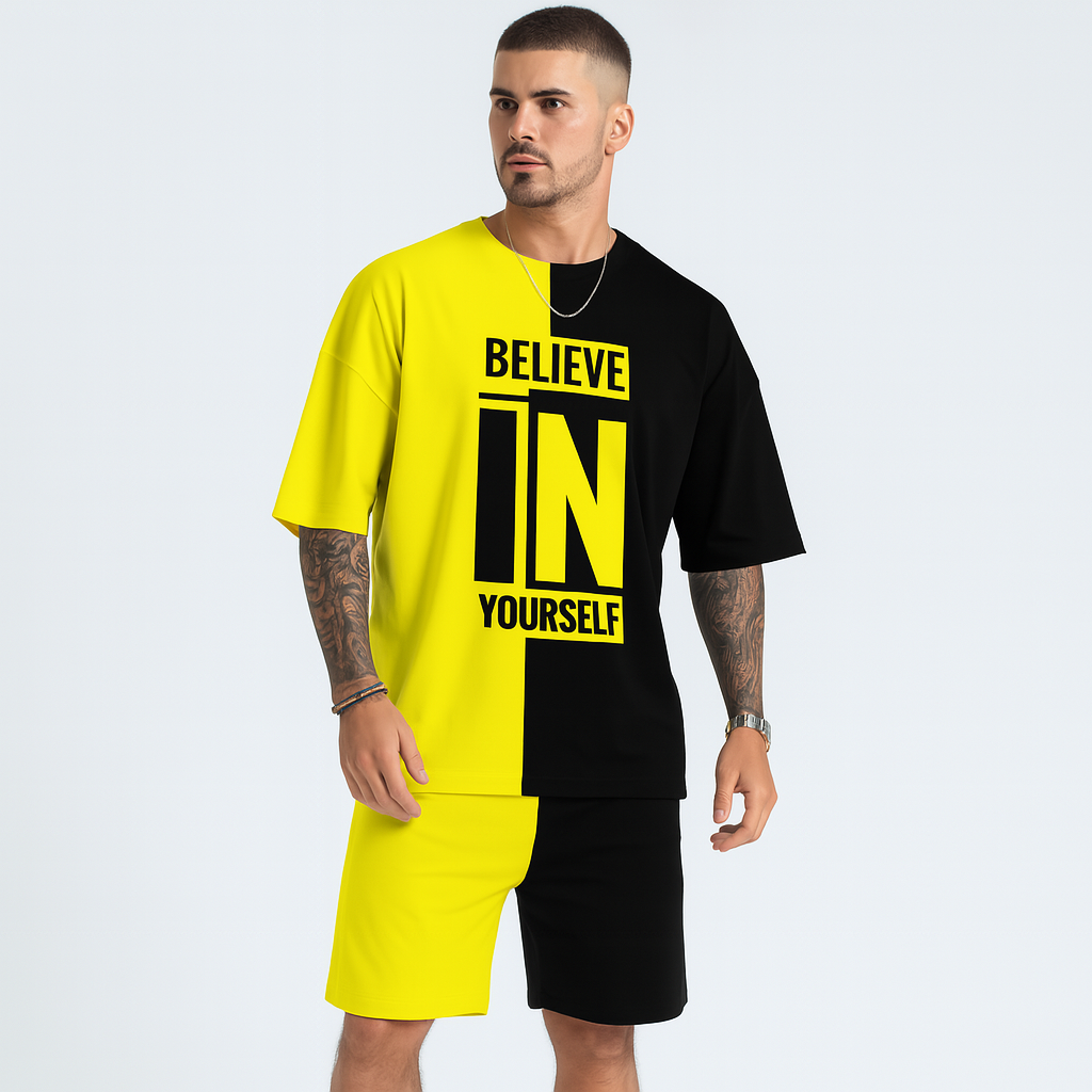 メンズのカラーブロックモチベーションセット - 「Believe in yourself」Tシャツとお揃いのショーツ