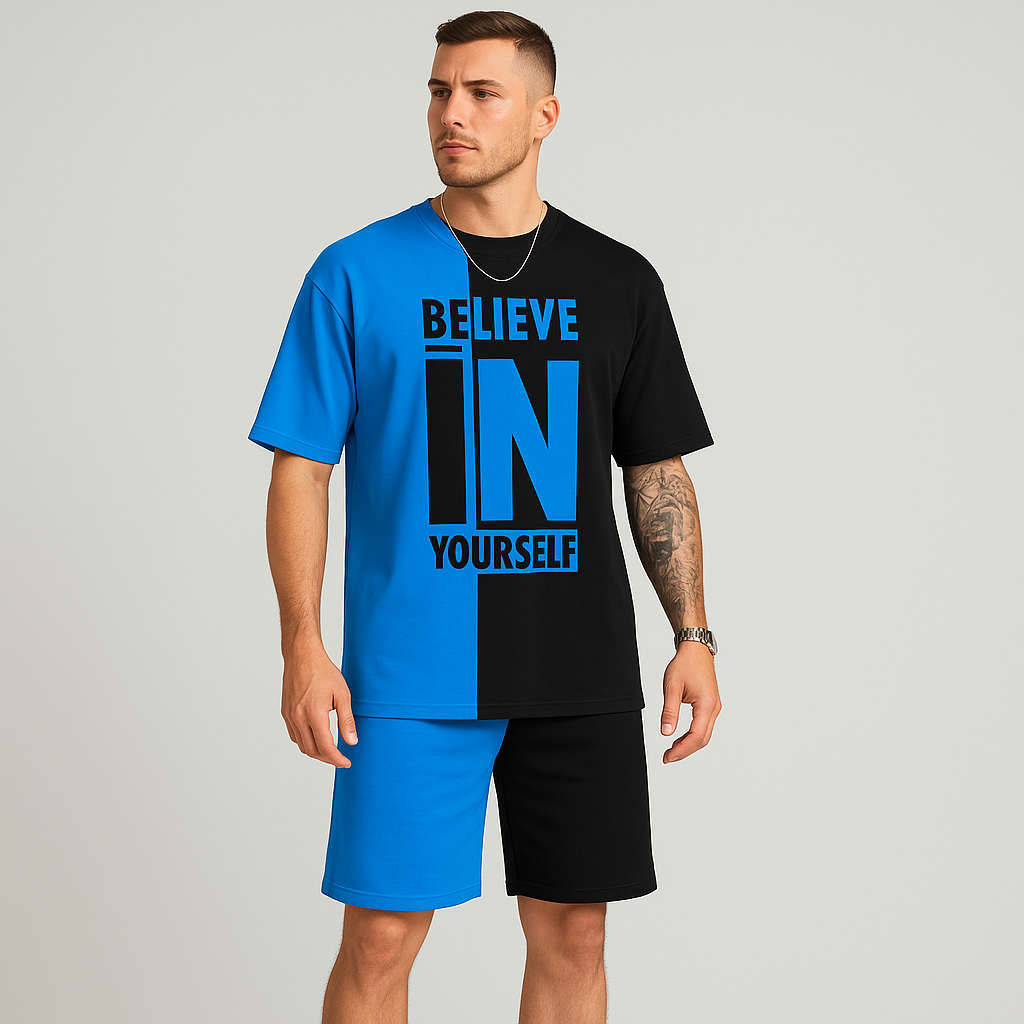 メンズのカラーブロックモチベーションセット - 「Believe in yourself」Tシャツとお揃いのショーツ