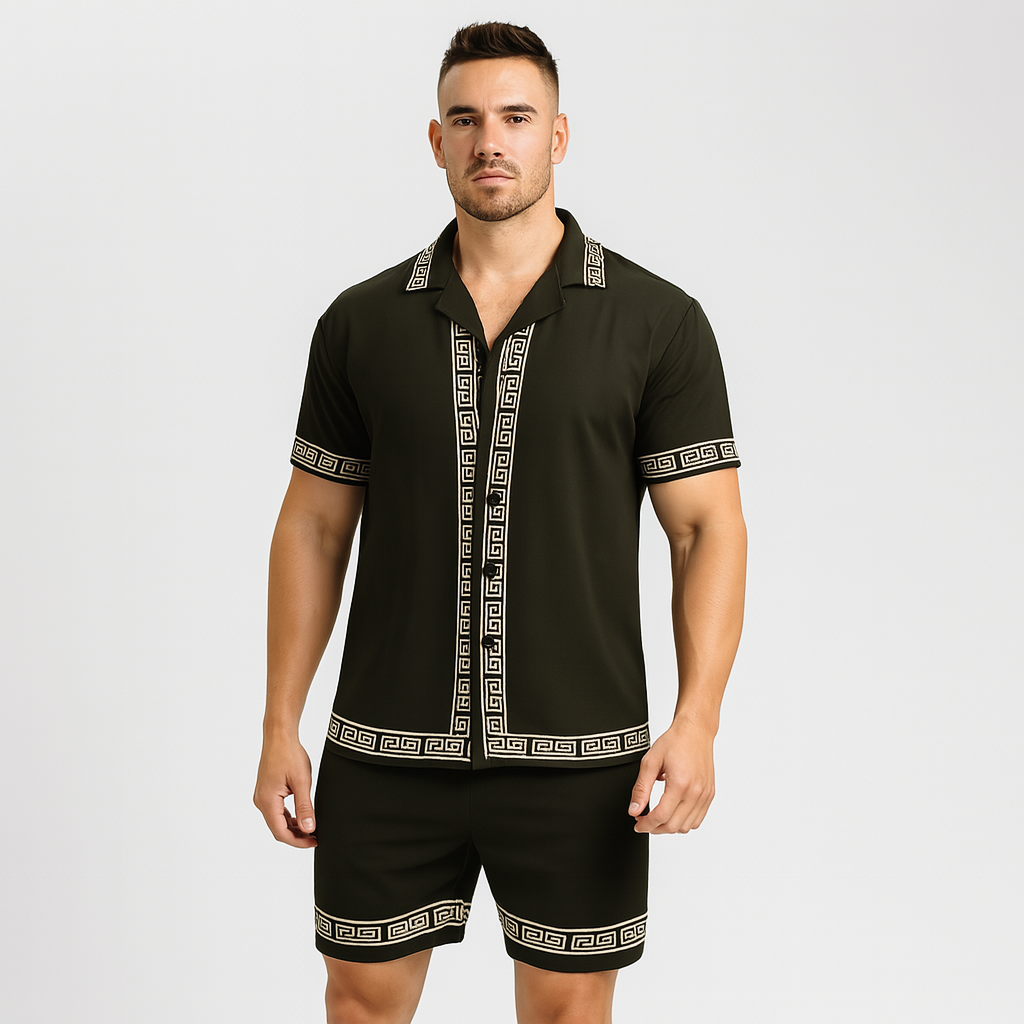 男性用のカジュアルな夏の服装 - ラペルカラーのシャツとゴムウエストのショートパンツ