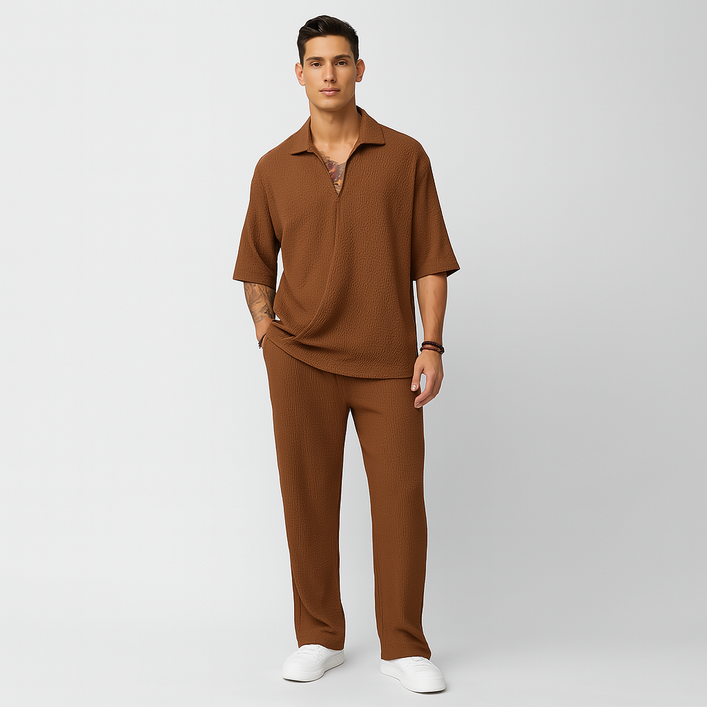 メンズツーピーススーツ - 長袖シャツとそれに合うズボンを組み合わせたスタイリッシュなカジュアルな服装