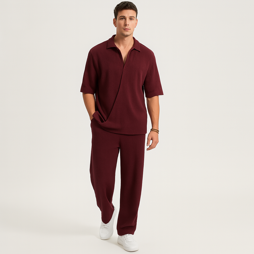 メンズツーピーススーツ - 長袖シャツとそれに合うズボンを組み合わせたスタイリッシュなカジュアルな服装