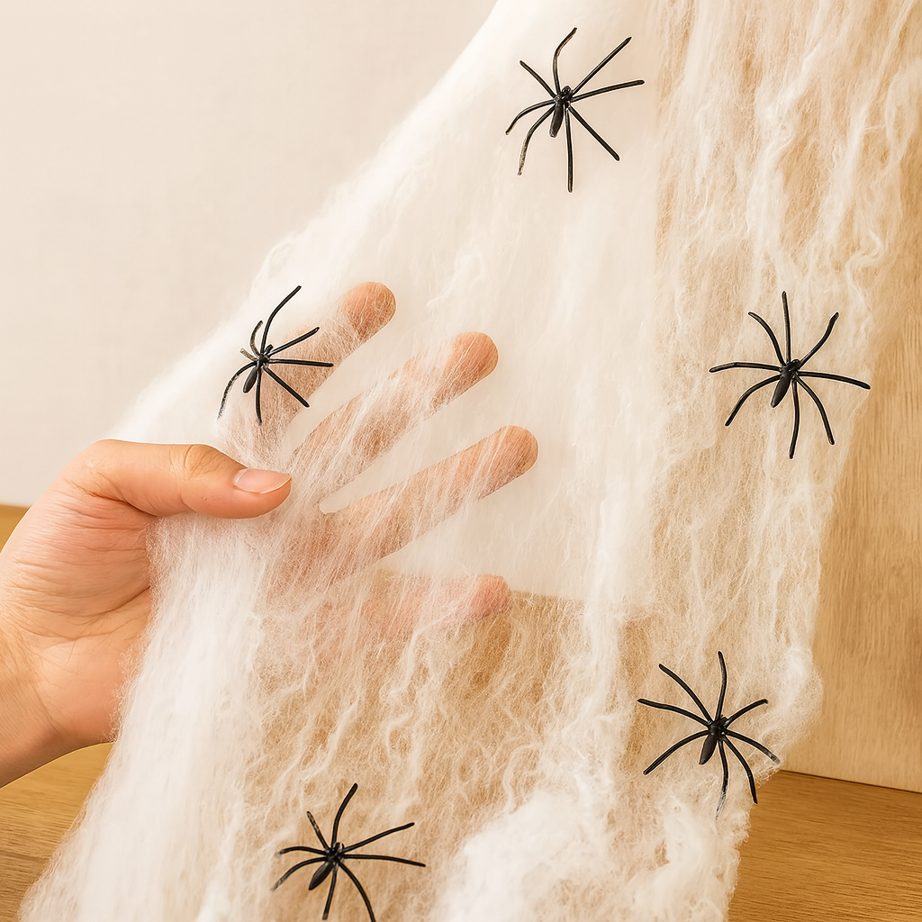 クリープウェブ ハロウィンデコレーション – 200gのクモの巣とプラスチック製のクモ10匹
