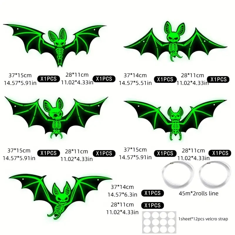光るコウモリセット – ハロウィーン用3Dプラスチック製壁・天井装飾10点セット