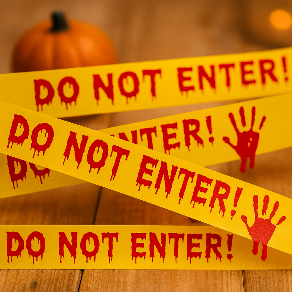 血まみれの手形が付いたハロウィーン警告テープ - ホラーパーティーやお化け屋敷に最適な25mのプラスチック装飾ロール