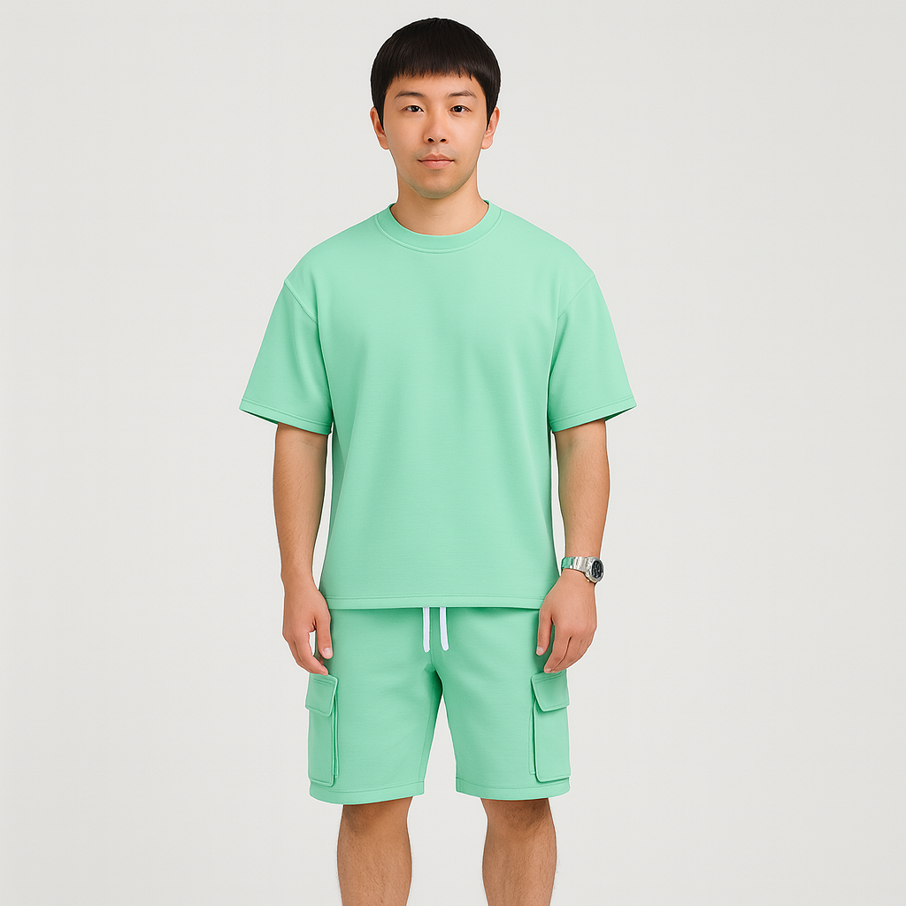 メンズスポーツウェアセット - 通気性のあるポリエステル製ラウンドネックTシャツとショーツ（ドローストリングとポケット付き）