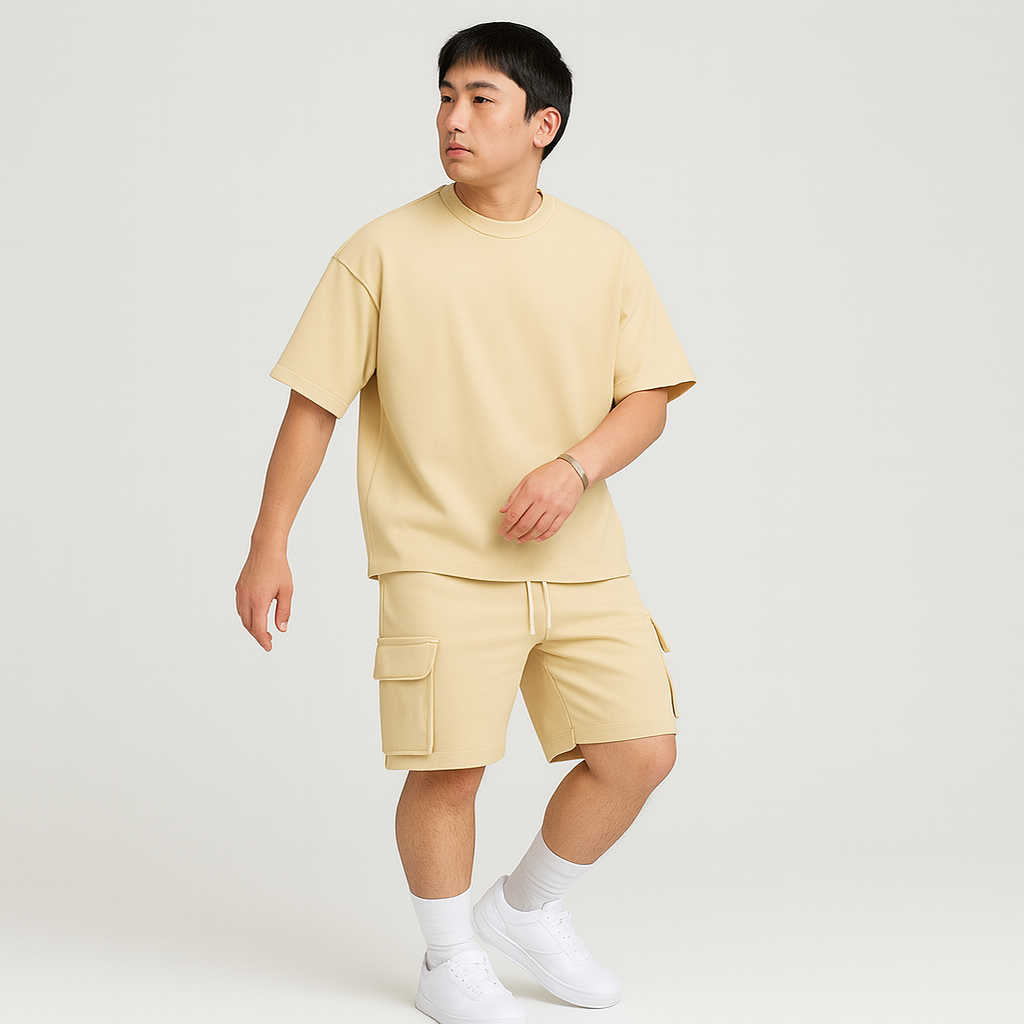メンズスポーツウェアセット - 通気性のあるポリエステル製ラウンドネックTシャツとショーツ（ドローストリングとポケット付き）
