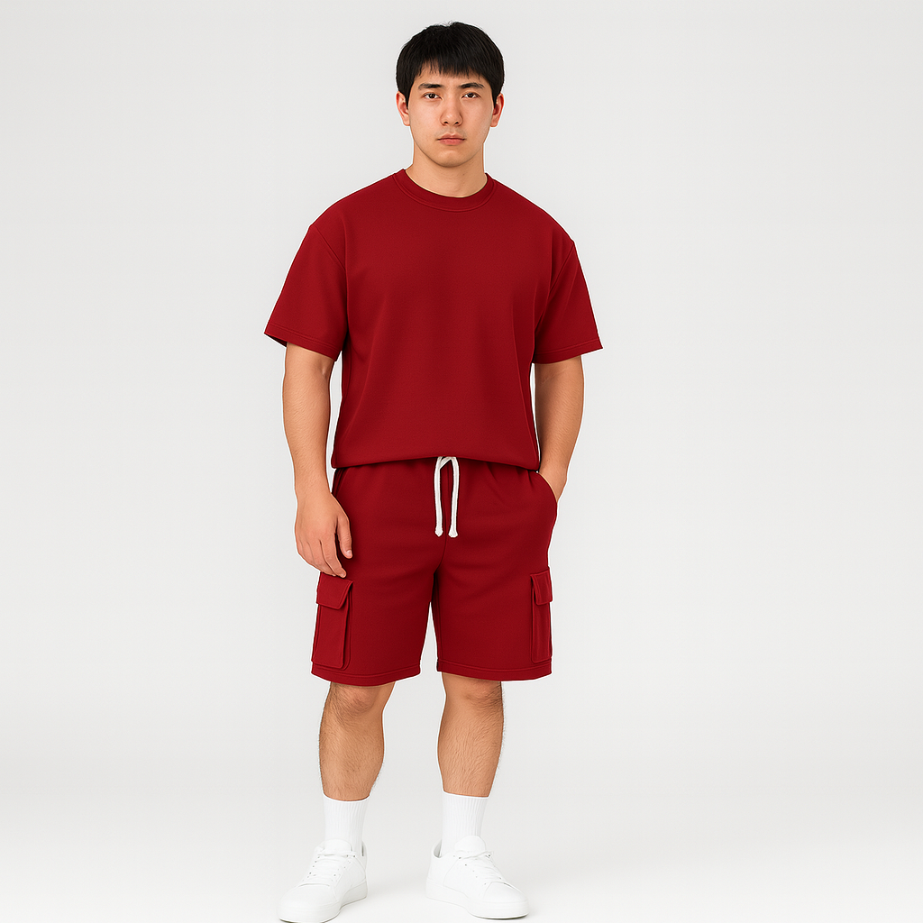 メンズスポーツウェアセット - 通気性のあるポリエステル製ラウンドネックTシャツとショーツ（ドローストリングとポケット付き）