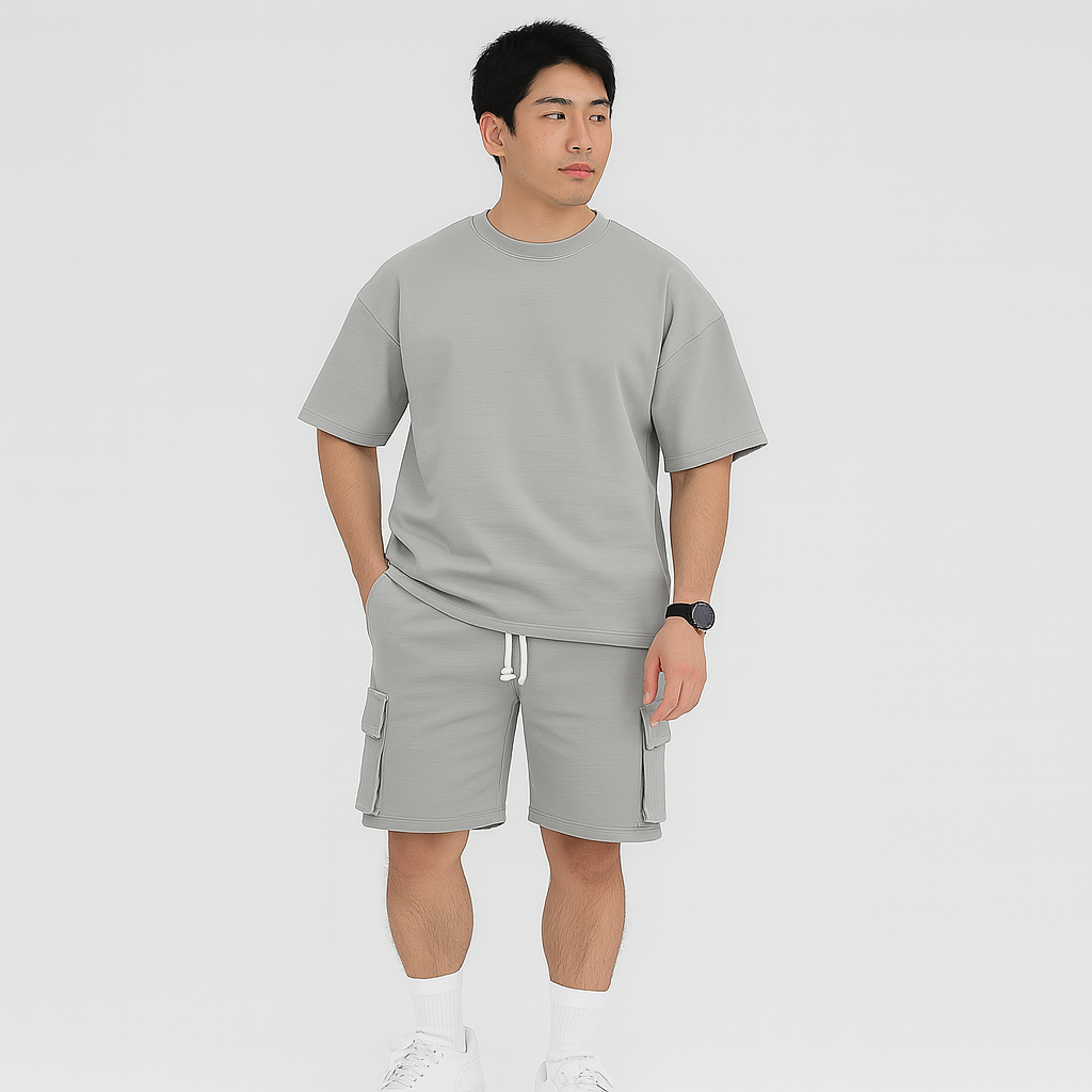 メンズスポーツウェアセット - 通気性のあるポリエステル製ラウンドネックTシャツとショーツ（ドローストリングとポケット付き）