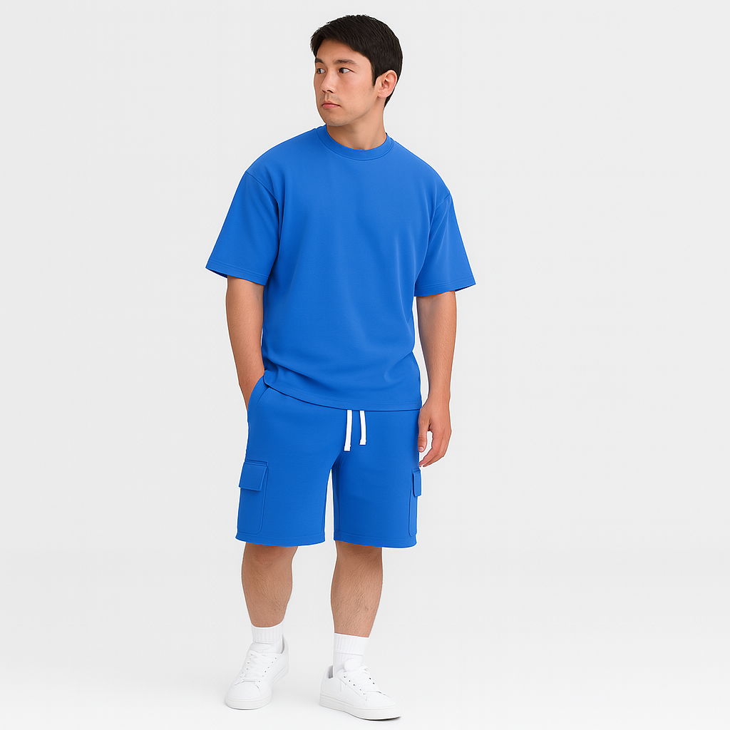 メンズスポーツウェアセット - 通気性のあるポリエステル製ラウンドネックTシャツとショーツ（ドローストリングとポケット付き）