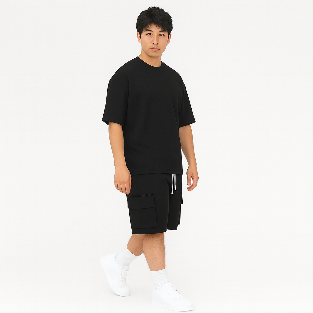 メンズスポーツウェアセット - 通気性のあるポリエステル製ラウンドネックTシャツとショーツ（ドローストリングとポケット付き）