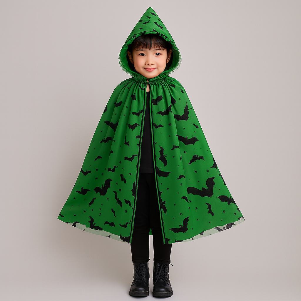 ノクティラ | 蜘蛛の巣とコウモリのプリントが施されたヴィンテージのハロウィンフード付きケープ