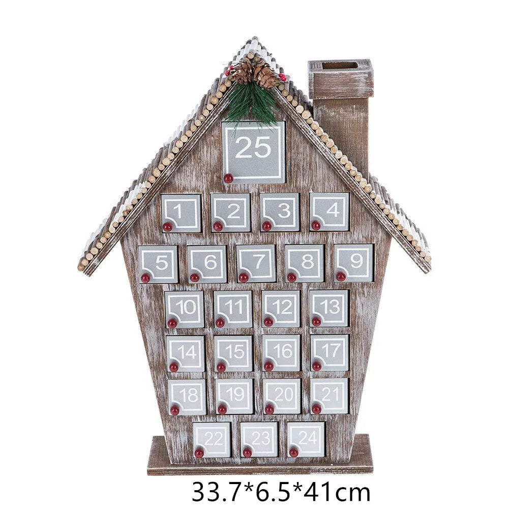 クリスマスハウスの形をした25個の収納コンパートメントを備えた木製のアドベントカレンダー