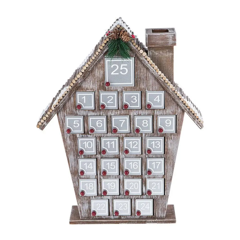 クリスマスハウスの形をした25個の収納コンパートメントを備えた木製のアドベントカレンダー