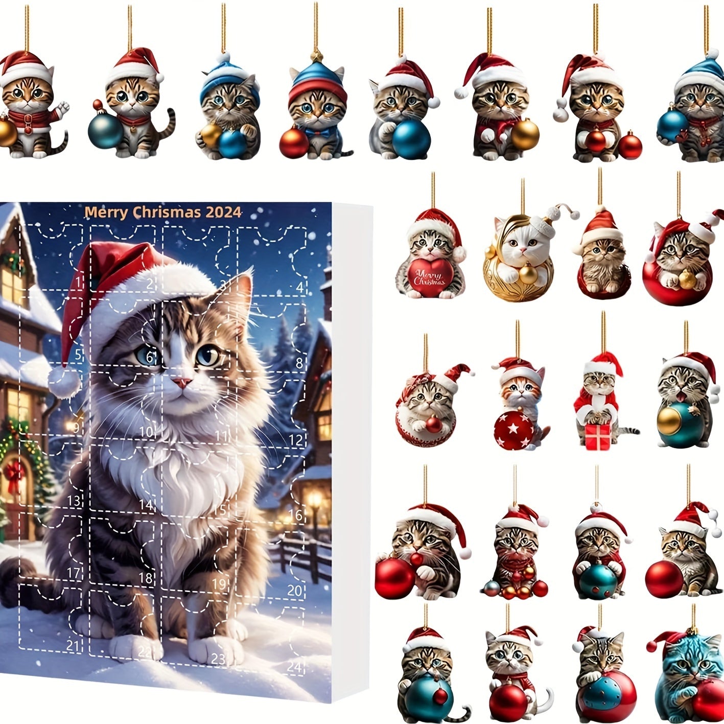 アクリル製猫ペンダント付きヴィンテージアドベントカレンダー2025、猫好きのための24日間クリスマスカウントダウン