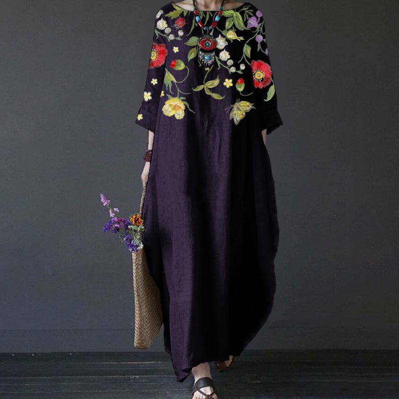 アンバー - ミドル丈の袖、花柄プリントのヴィンテージドレス