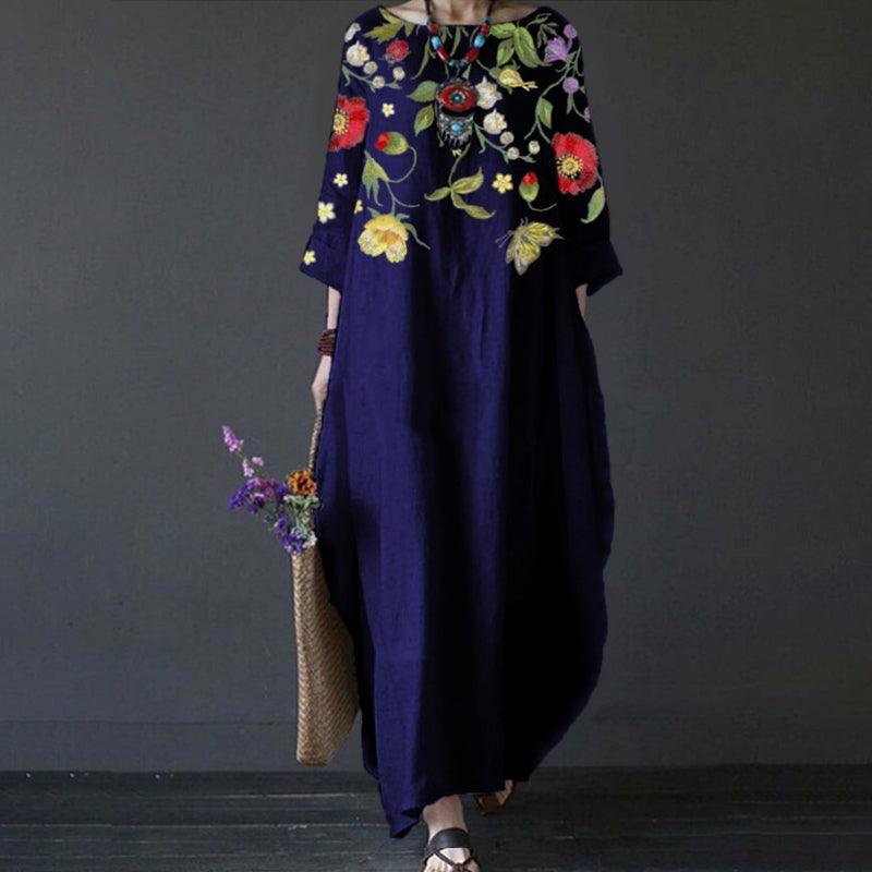 アンバー - ミドル丈の袖、花柄プリントのヴィンテージドレス