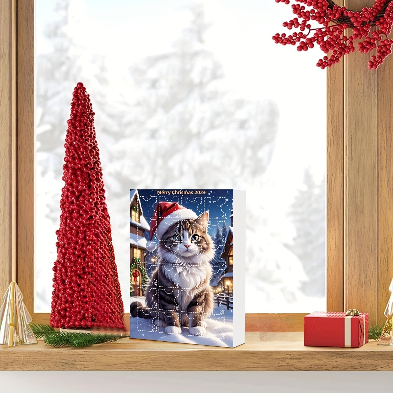 アクリル製猫ペンダント付きヴィンテージアドベントカレンダー2025、猫好きのための24日間クリスマスカウントダウン